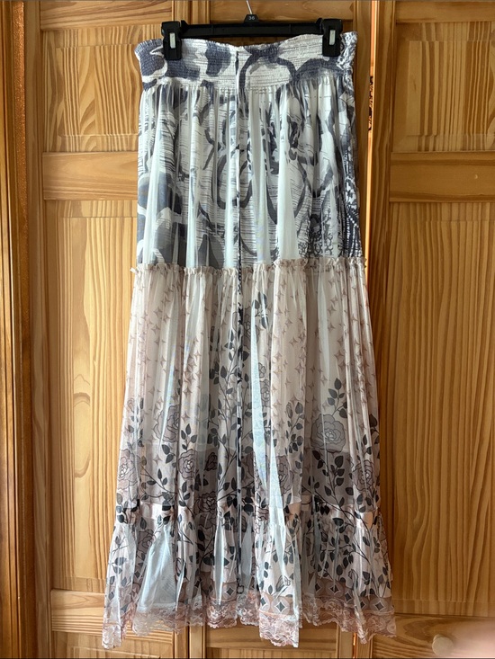 Lapis Dresses & Skirts - Lapis Sheer Floral Tiered Maxi Skirt in Tan, White and Gray